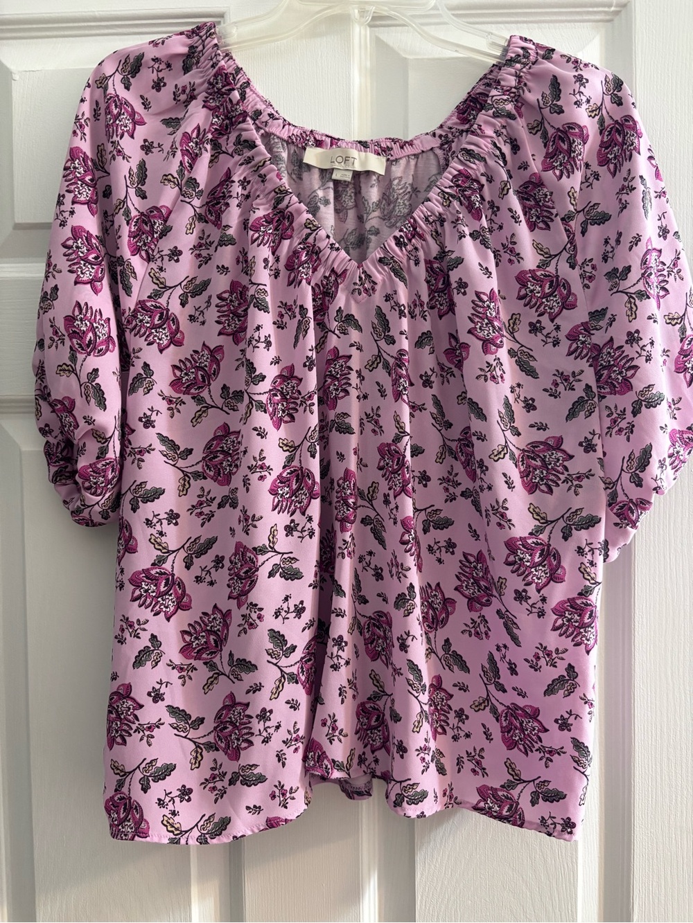 LOFT Lavender Floral V-Neck Short Sleeve Blouse